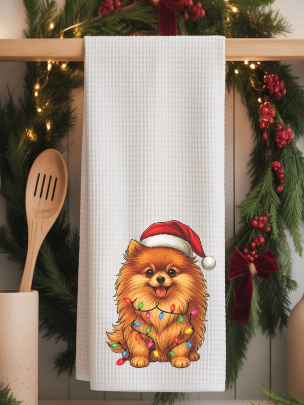 Pomeranian Christmas Lights Decorative Kitchen Tea Towel